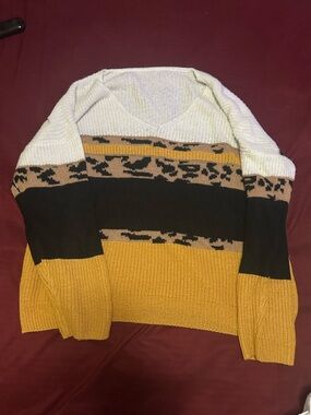 Colorblock V-Neck Sweater with Leopard Stripe - Cream, Mustard & Black